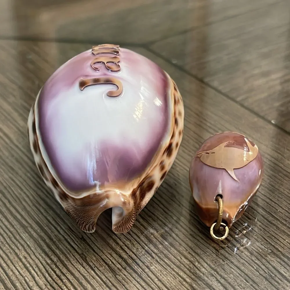 Vintage Engraved Tiger Cowrie Shell With “Jane” & Dolphin Pendant